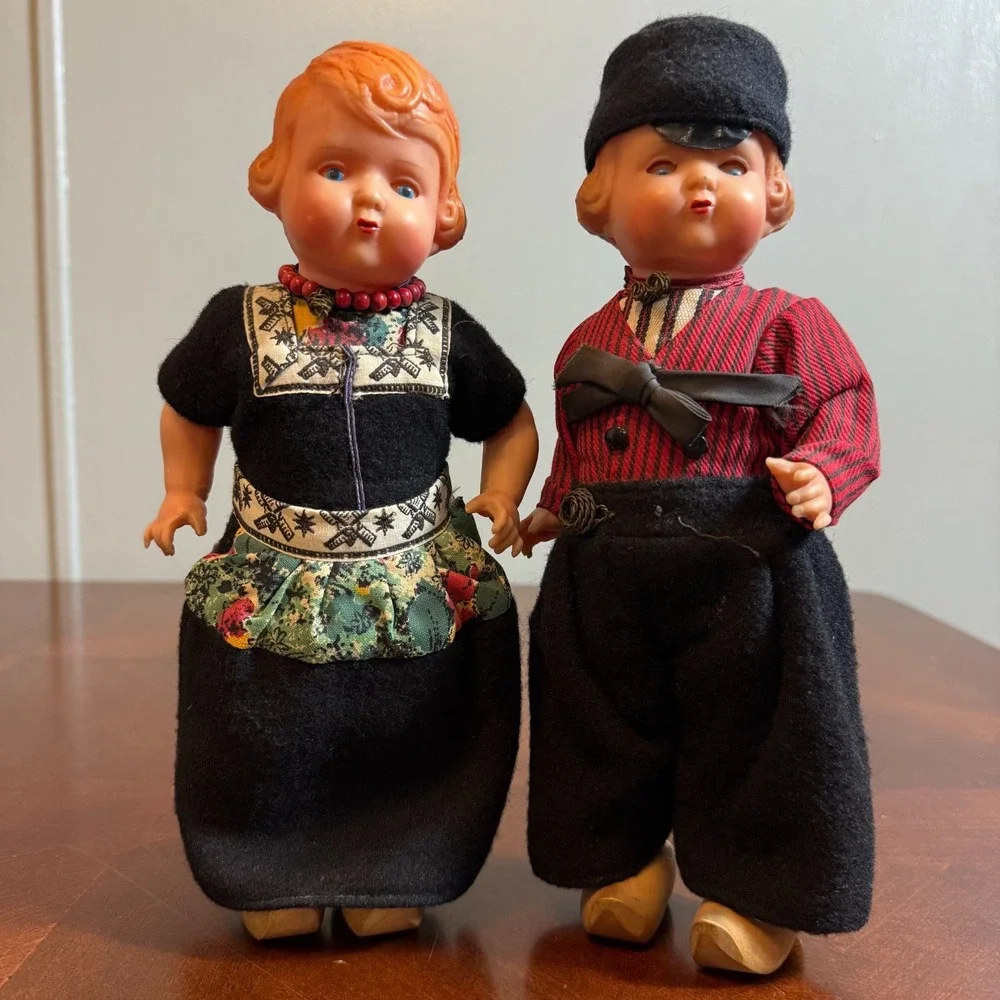 Vintage Celluloid Dolls Pair Dutch German Folk Costume‎ Wood Shoes
